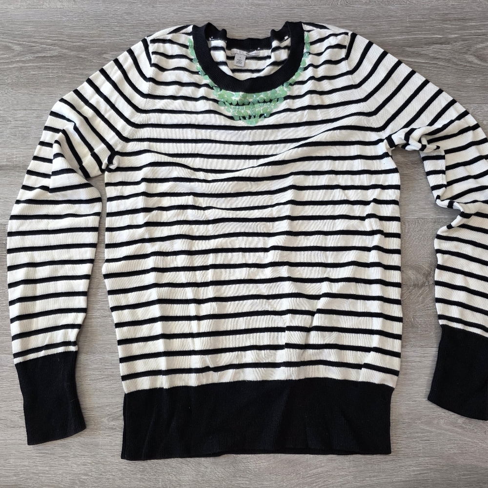 Halogen | Striped Black and White Sweater with Green Detail